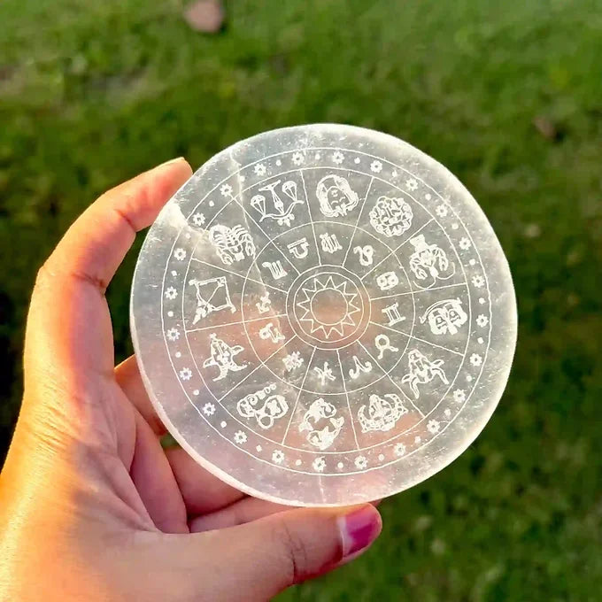 4 inch Selenite Disc with Zodiac signs from Morocco